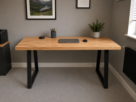Industrial Style Solid Oak Desk - Trapezium Legs